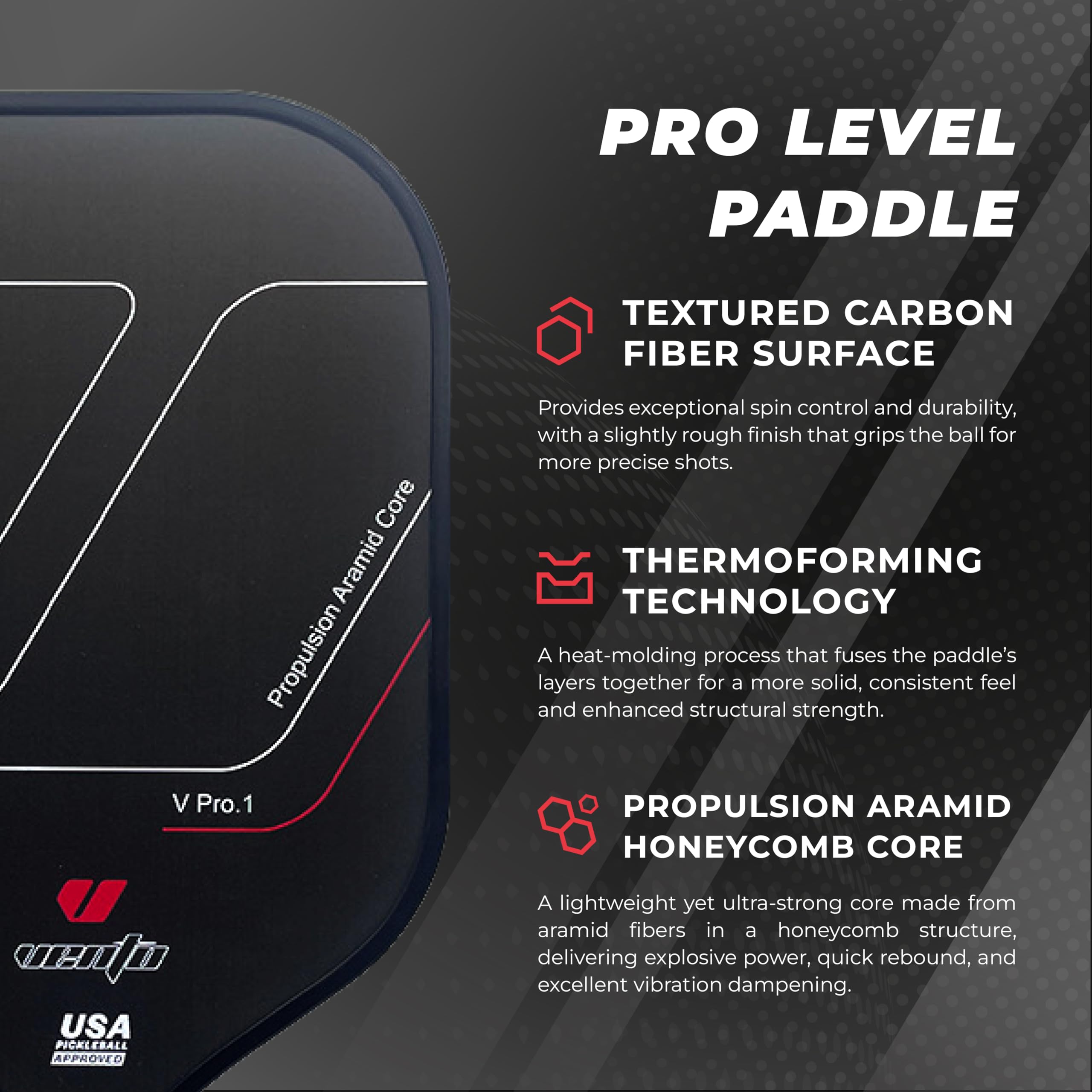 Vento Carbon Fiber Pickleball Paddle, 16.5 x 7.5 inches, T700 Textured Carbon Fiber Surface Frame, Propulsion Aramid Core, 16mm, Black