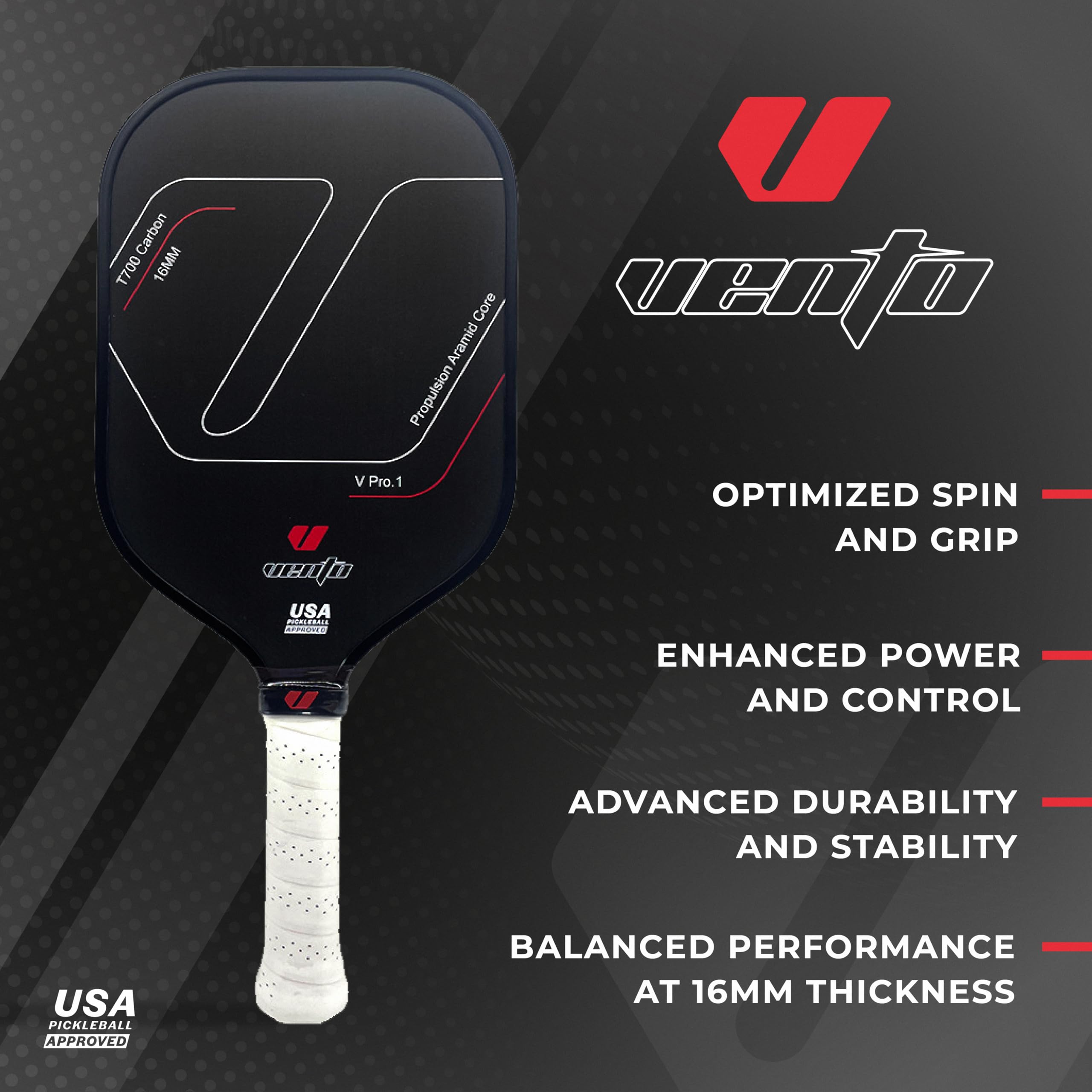 Vento Carbon Fiber Pickleball Paddle, 16.5 x 7.5 inches, T700 Textured Carbon Fiber Surface Frame, Propulsion Aramid Core, 16mm, Black