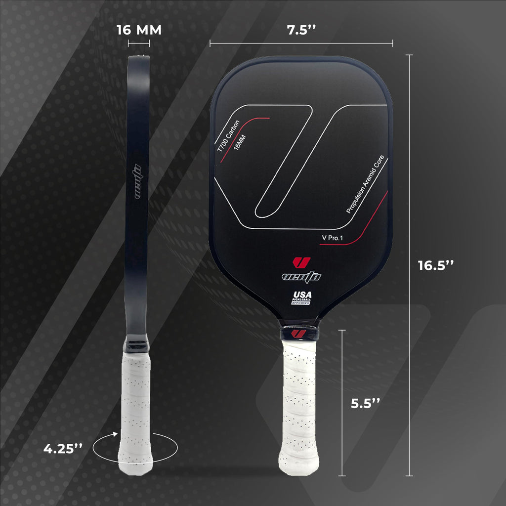 Vento Carbon Fiber Pickleball Paddle, 16.5 x 7.5 inches, T700 Textured Carbon Fiber Surface Frame, Propulsion Aramid Core, 16mm, Black